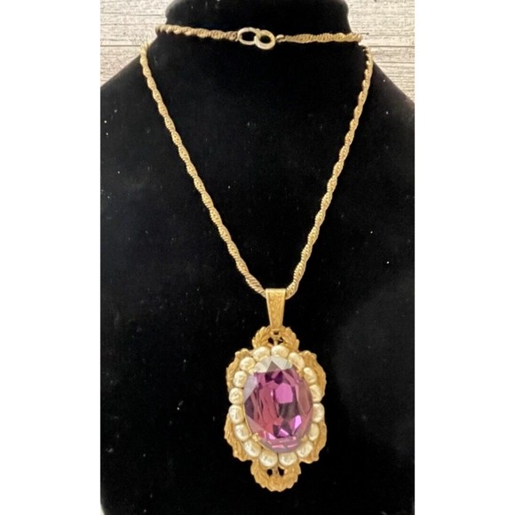 Rare Antique Signed Miriam Haskell Necklace Estate Amethyst Pearl Pendant Chain - Picture 16 of 16